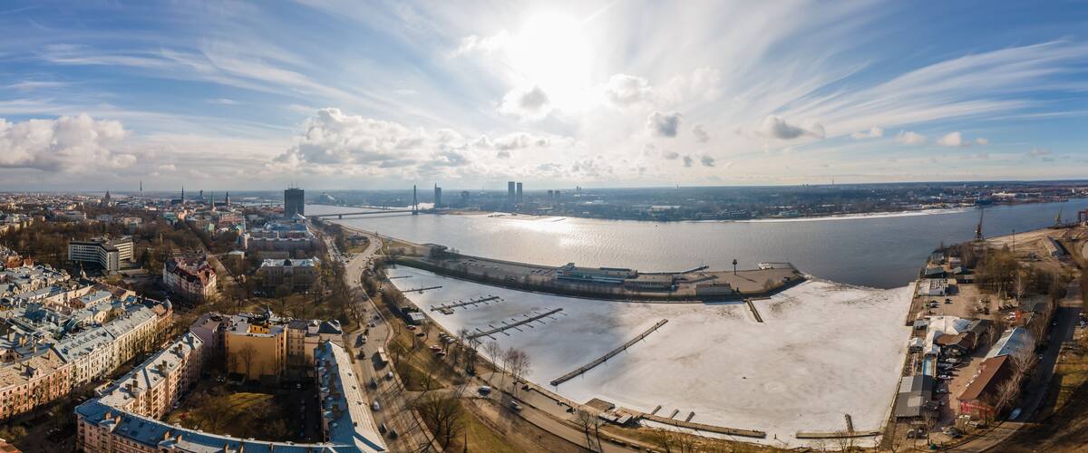 Panorama of Andrejsala, Riga. Harbour of ideas in Latvia from drone.