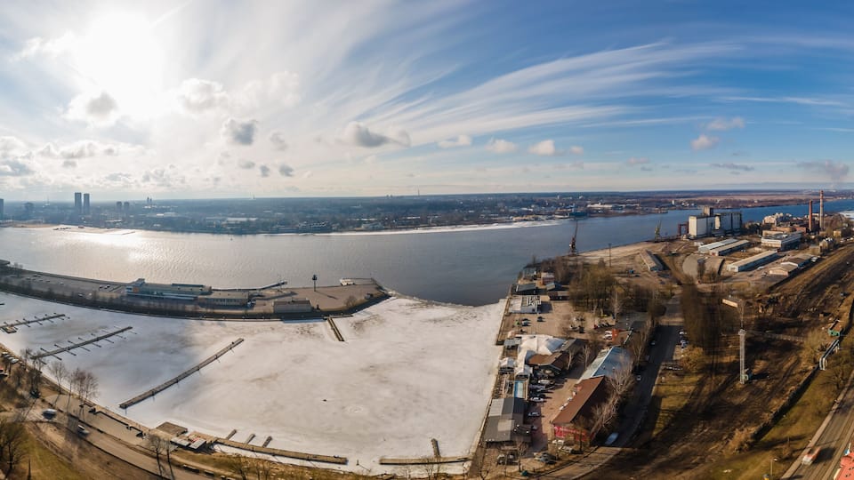 Panorama of Andrejsala, Riga. Harbour of ideas in Latvia from drone.