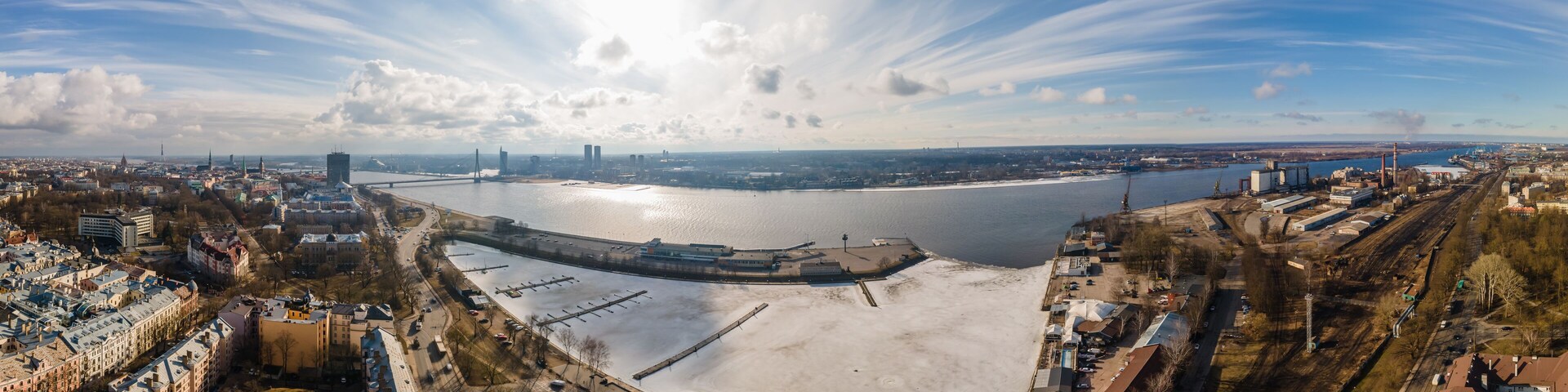 Panorama of Andrejsala, Riga. Harbour of ideas in Latvia from drone.