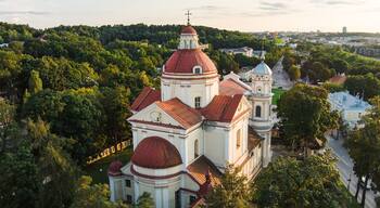 Aerial view of the Church of St. Peter and St. Paul, located in Antakalnis district in Vilnius. Beautiful summer day in the capital of Lithuania.