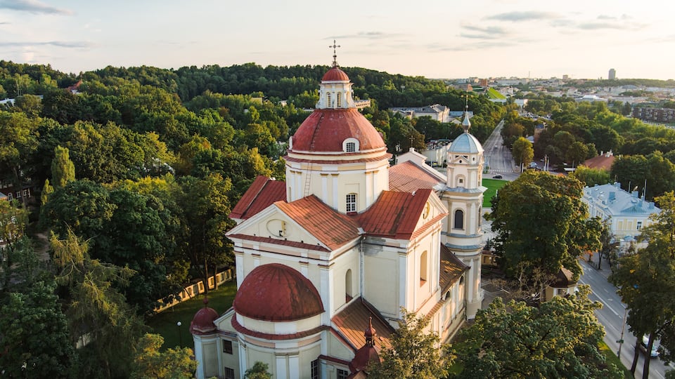 Aerial view of the Church of St. Peter and St. Paul, located in Antakalnis district in Vilnius. Beautiful summer day in the capital of Lithuania.