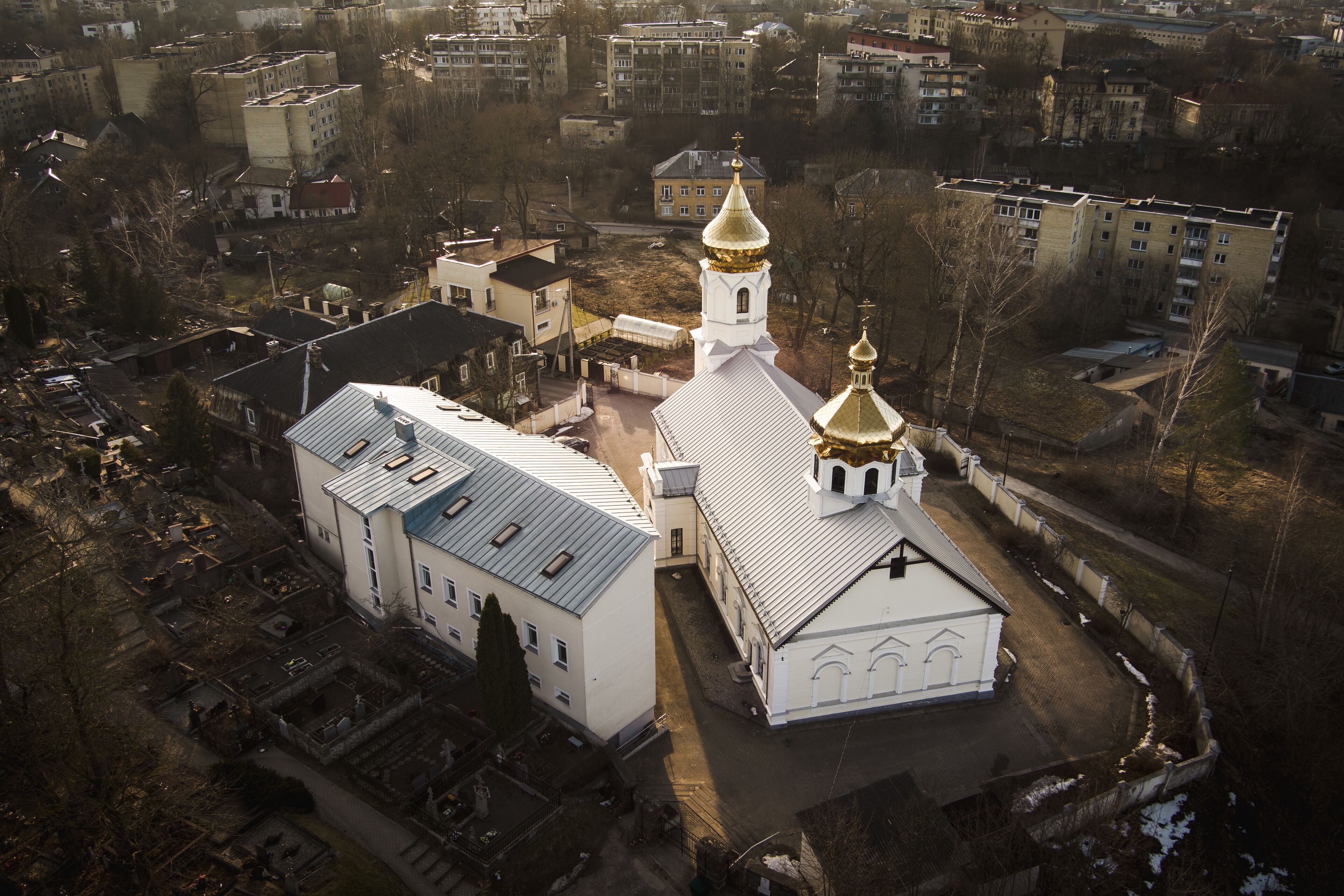 Aerial view of Old Believers Church in Vilnius, an Eastern Orthodox church in the Naujininkai district of Vilnius.