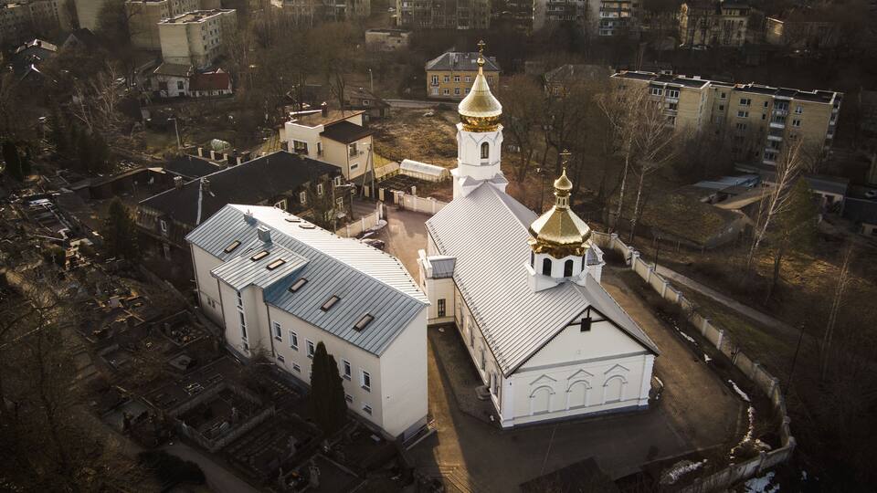 Aerial view of Old Believers Church in Vilnius, an Eastern Orthodox church in the Naujininkai district of Vilnius.
