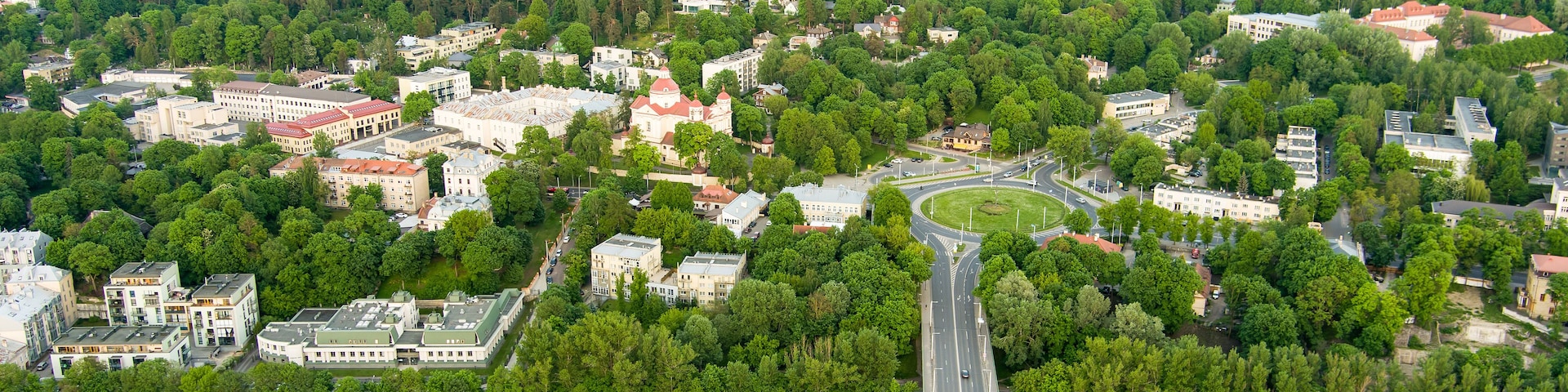 A river with a bridge, surrounded by dense forests and a mix of residential and commercial buildings.
