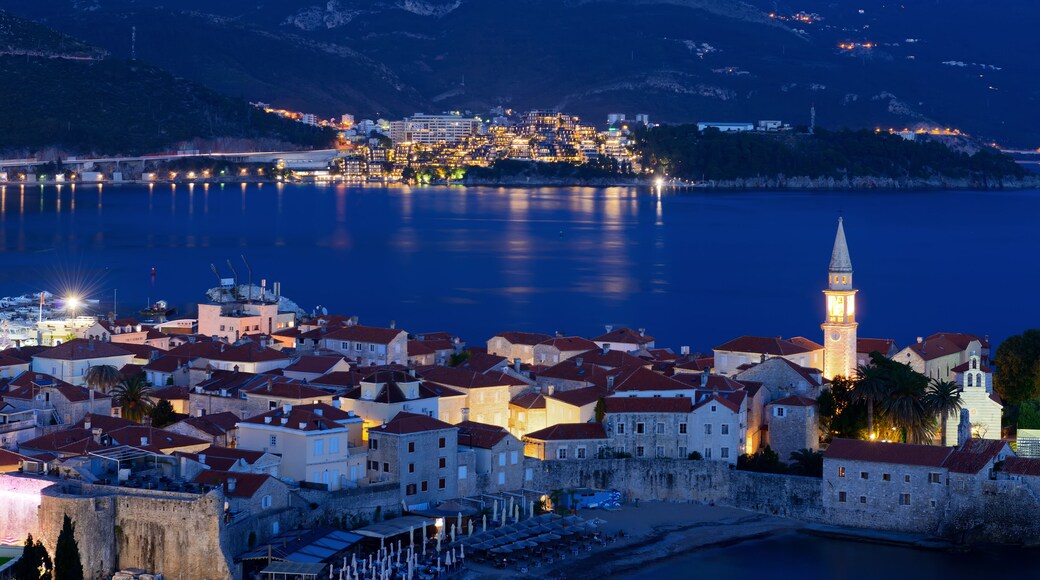Budva city and bay at night