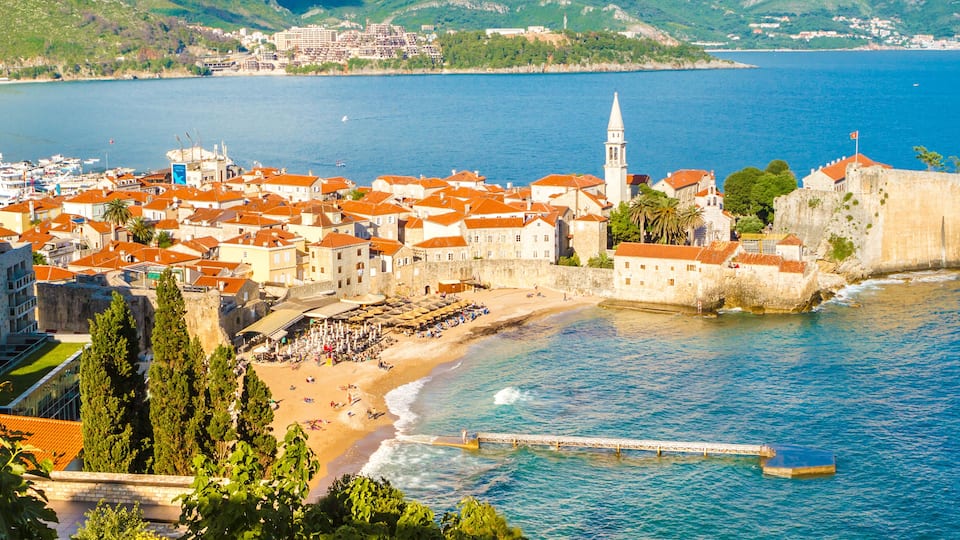 Beautiful view of the old town of Budva in evening, Budva, Montenegro