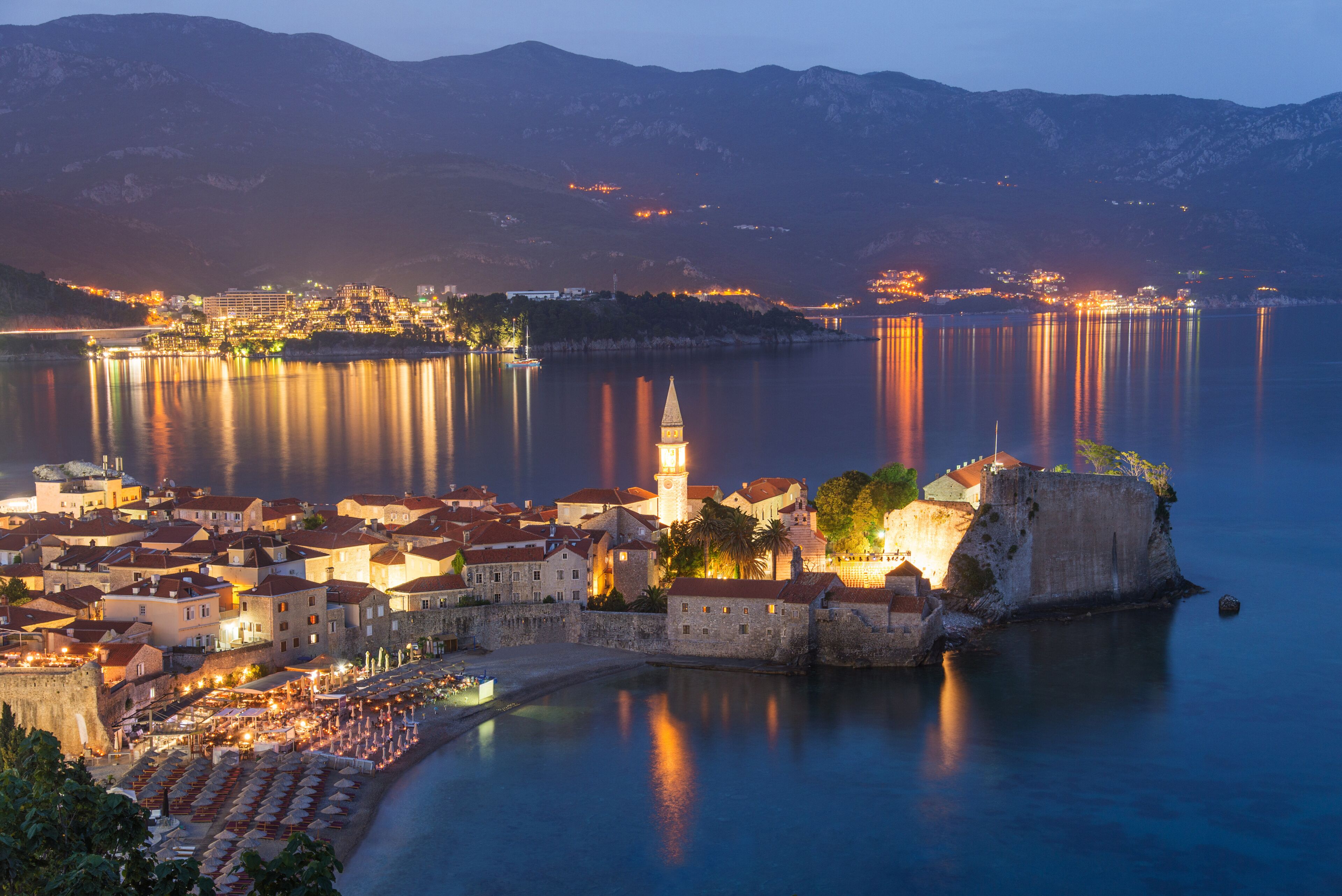 Budva old walled town at night, Adriatic sea. Montenegro. Europe