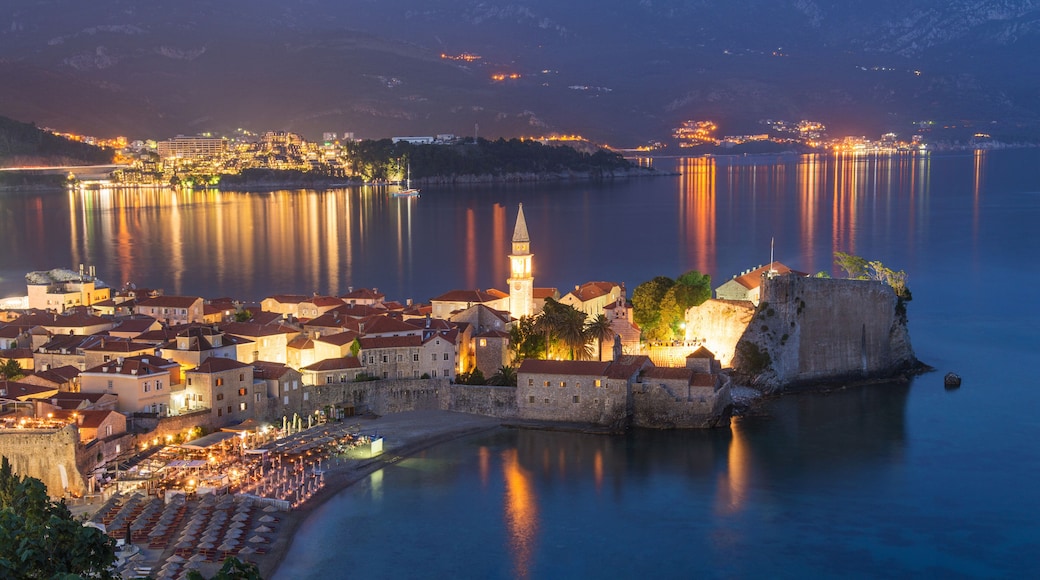 Budva old walled town at night, Adriatic sea. Montenegro. Europe