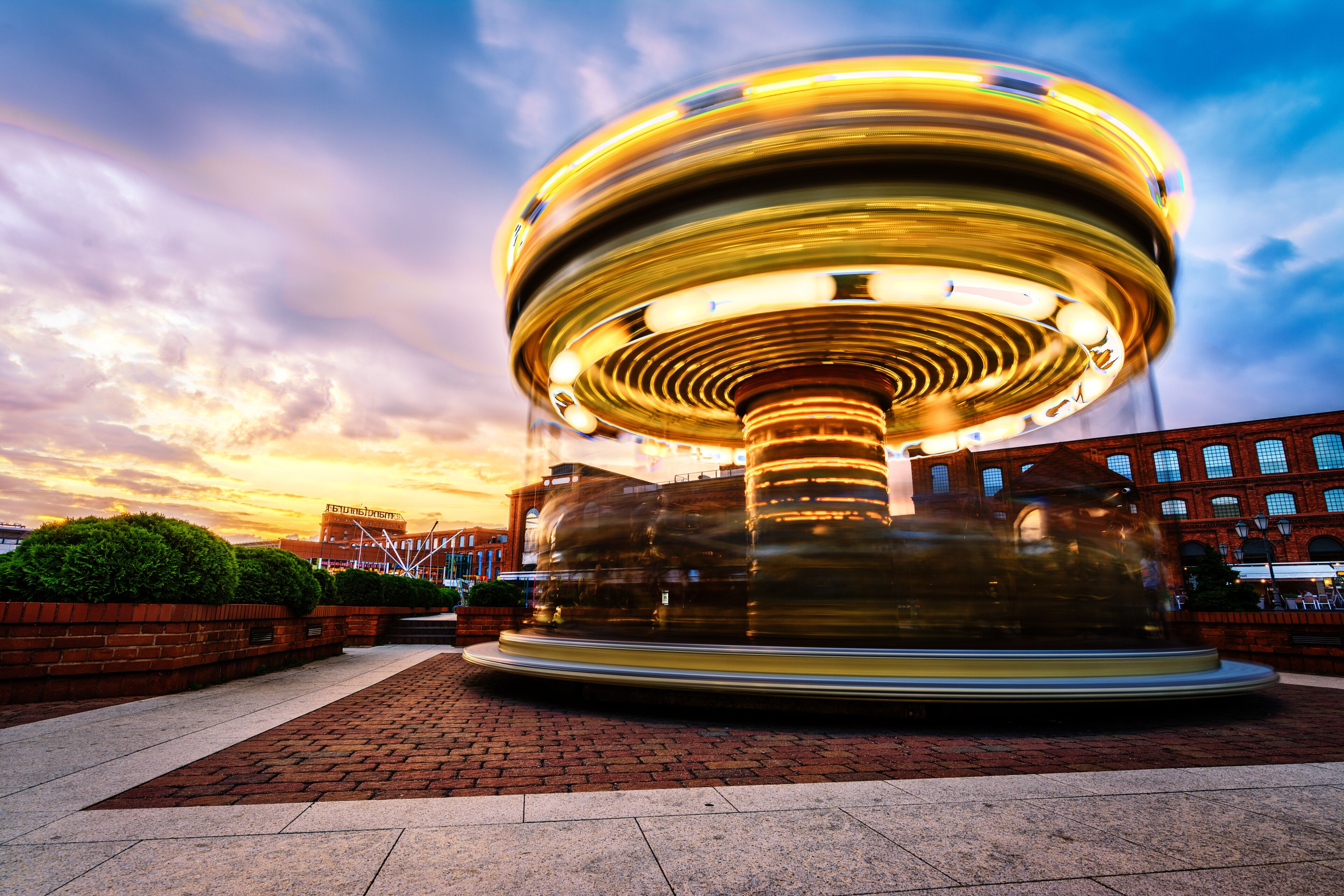 Wonderful Carousel in Motion in Sunset Time, situated in Manufaktura Lodz - Poland