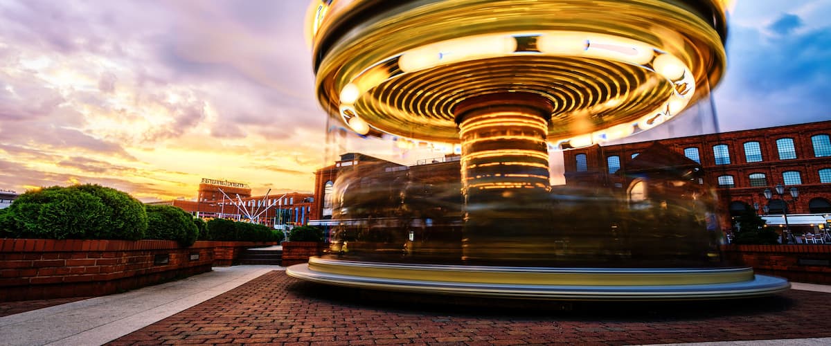 Wonderful Carousel in Motion in Sunset Time, situated in Manufaktura Lodz - Poland