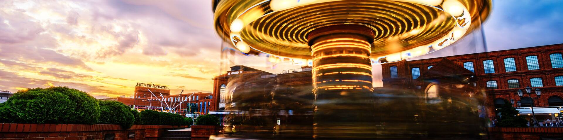 Wonderful Carousel in Motion in Sunset Time, situated in Manufaktura Lodz - Poland