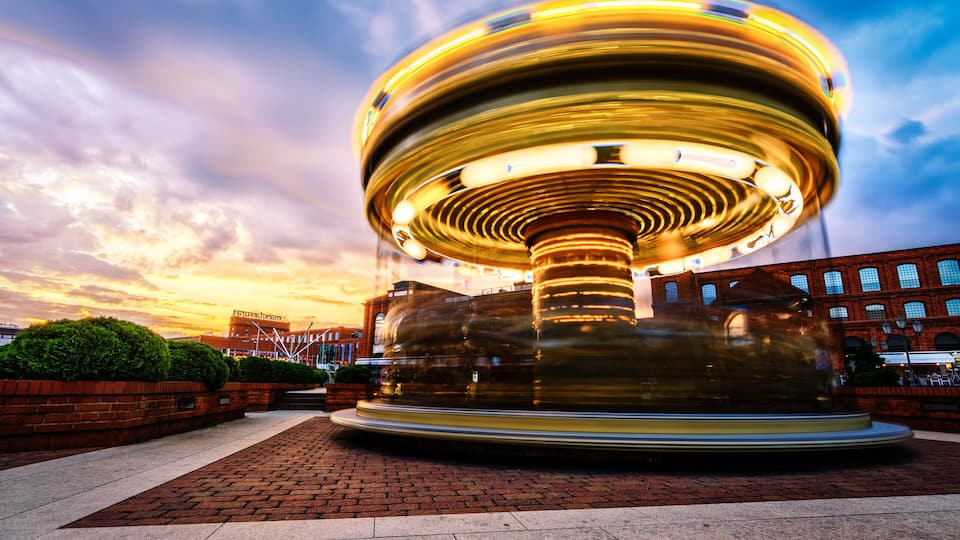 Wonderful Carousel in Motion in Sunset Time, situated in Manufaktura Lodz - Poland
