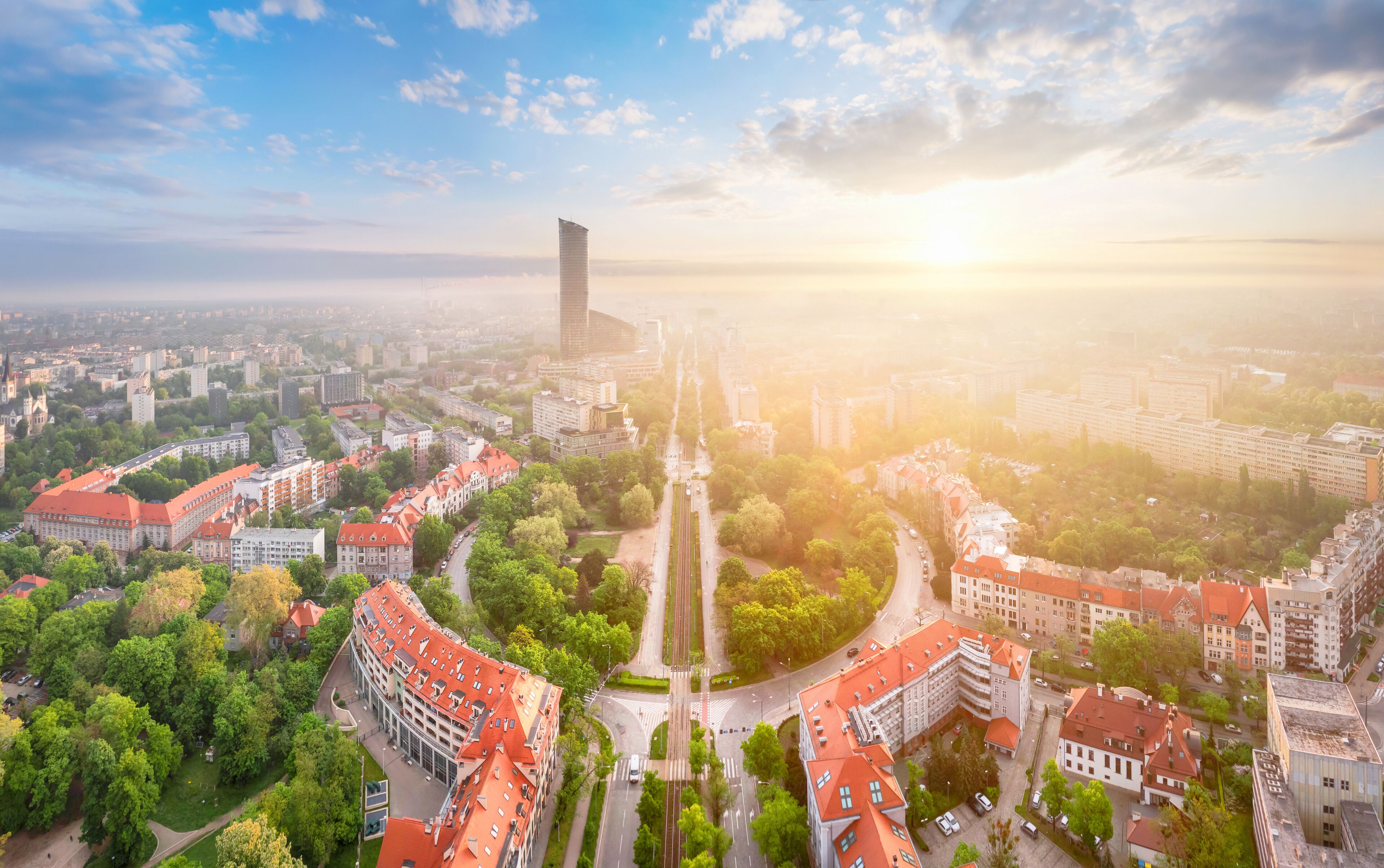 Wroclaw, Poland. Aerial view of Powstancow Slaskich Square - a square in the form of a roundabout (star square) with a small park in the center