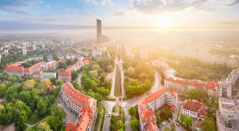 Wroclaw, Poland. Aerial view of Powstancow Slaskich Square - a square in the form of a roundabout