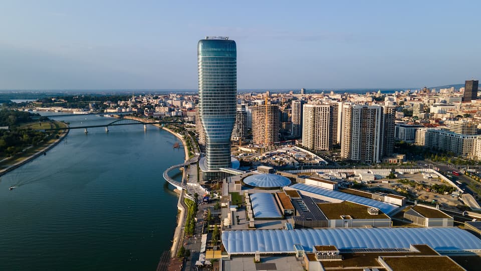 View from the top of Belgrade Waterfront towers. View at Belgrade Waterfront buildings and Sava river. Panoramic view of Belgrade Waterfront, Sava river, Belgrade Tower, Kalemegdan.