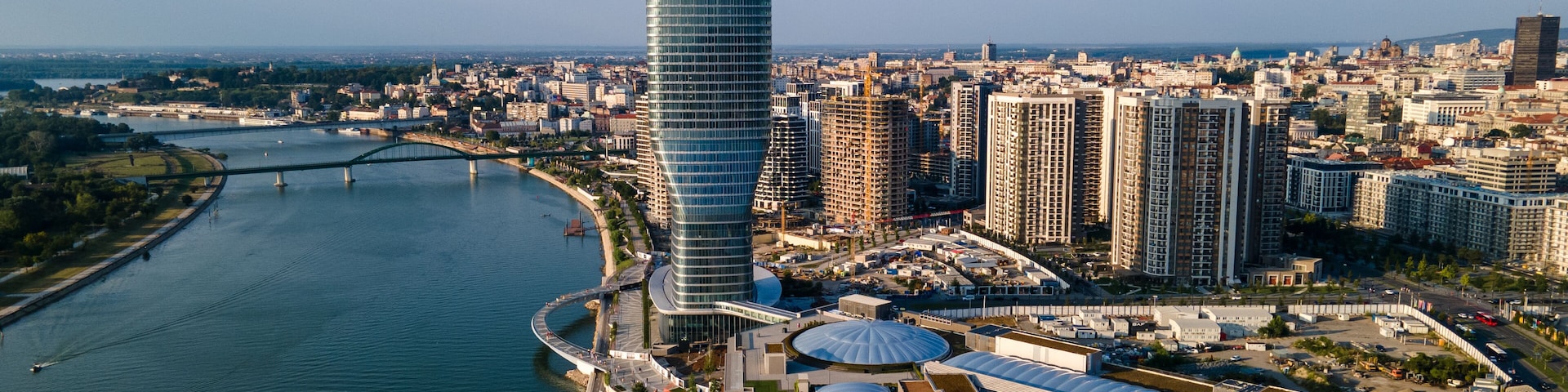 View from the top of Belgrade Waterfront towers. View at Belgrade Waterfront buildings and Sava river. Panoramic view of Belgrade Waterfront, Sava river, Belgrade Tower, Kalemegdan.