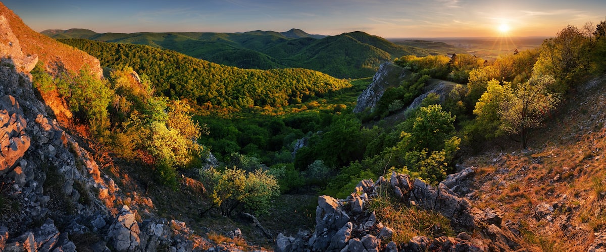 A mountainous landscape with dense forests and rocky terrain.