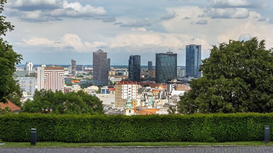 Bratislava, panorama of the new town from the castle hill