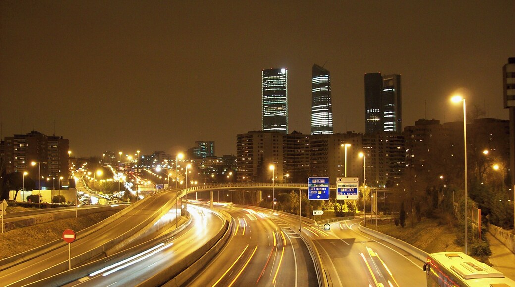 M-30 ring highway in Madrid (Spain). Background: CTBA buildings.