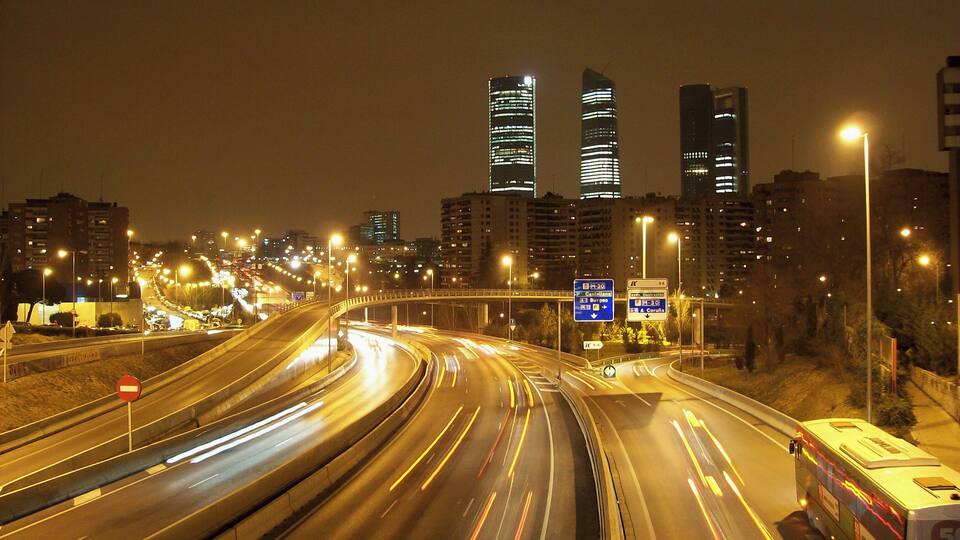 M-30 ring highway in Madrid (Spain). Background: CTBA buildings.