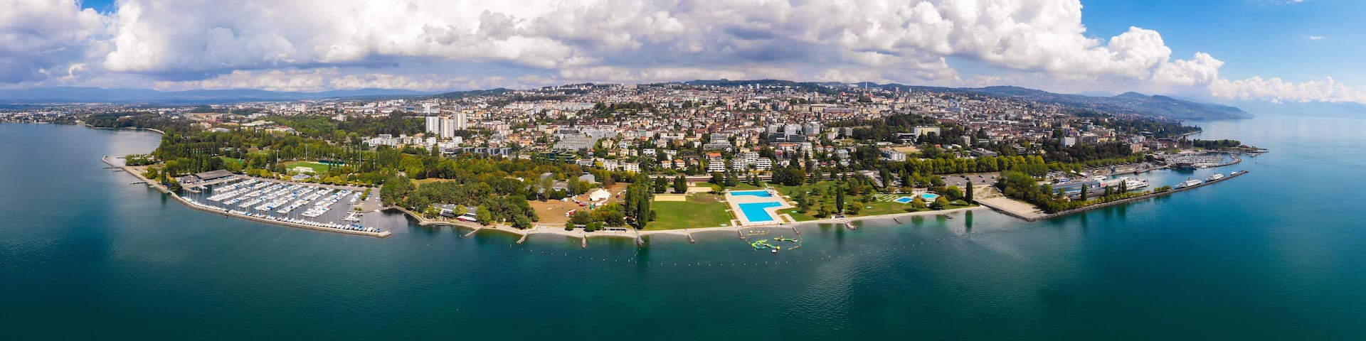 Aerial view of Ouchy waterfront in Lausanne, Switzerland