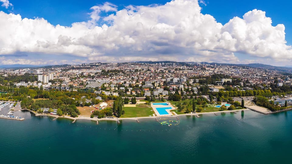 Aerial view of Ouchy waterfront in Lausanne, Switzerland