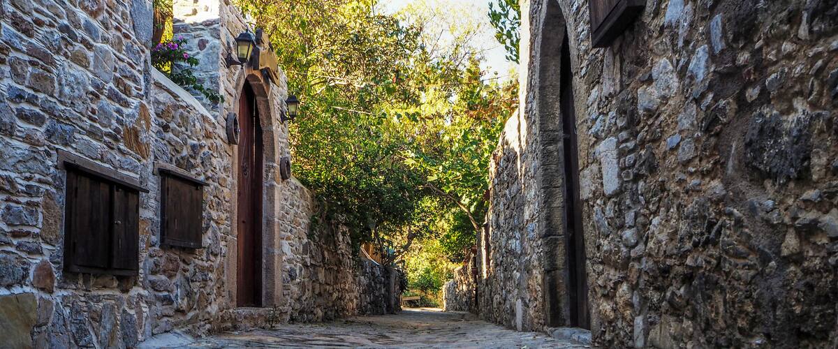 A narrow stone-paved alley flanked by rustic stone buildings with wooden shutters and a wooden door.