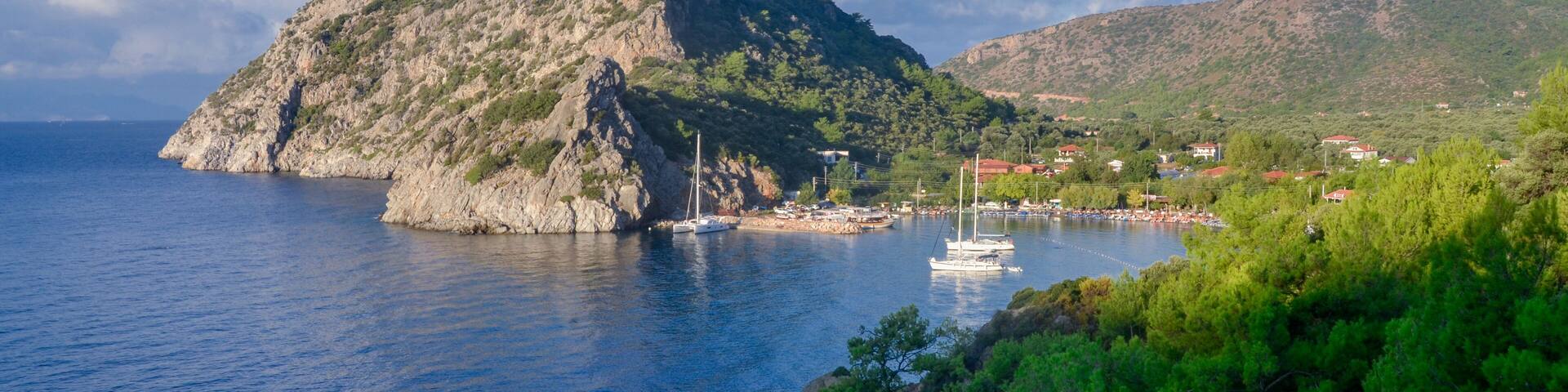 headland of Adatepe Burnu and yachts in Hayitbuku marina
Mesudiye, Datca, Turkey