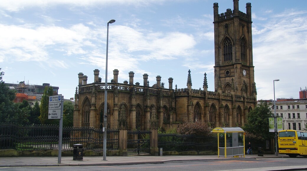 The ruin of St Luke's Church, Liverpool, seen from the northeast from Leece Street
