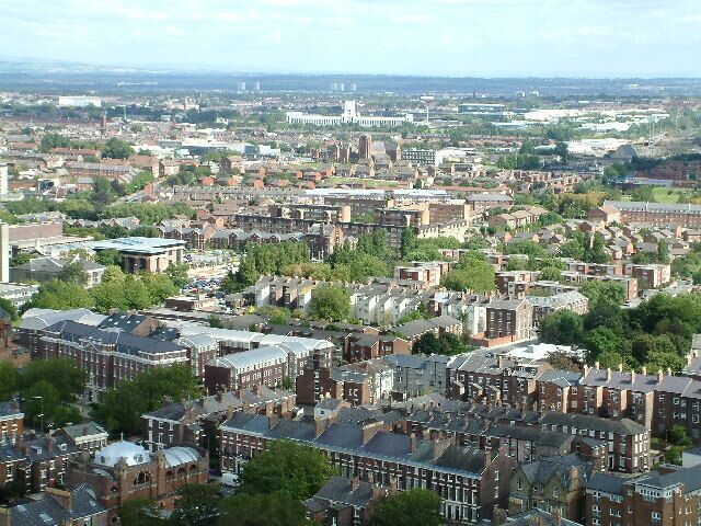 View from the top of the Anglican Cathedral Tower, Liverpool. Towards the Littlewood's Building on Edge Lane