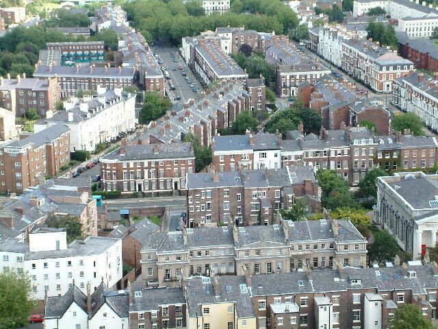 View from the top of the Anglican Cathedral Tower, Liverpool. Looking down on to Canning Street & Hope Street