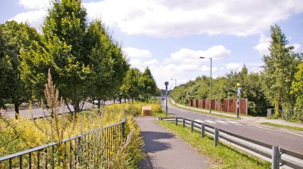 Footpath to bridge over North Circular Road Looking west from the footpath leading to the bridge over the North Circular Road. On the right we have Atlas Road and on the left behind the trees the eastbound carriage of the North Circular Road (A406). The Friern Park Trading Estate has a one way system of access and exit.