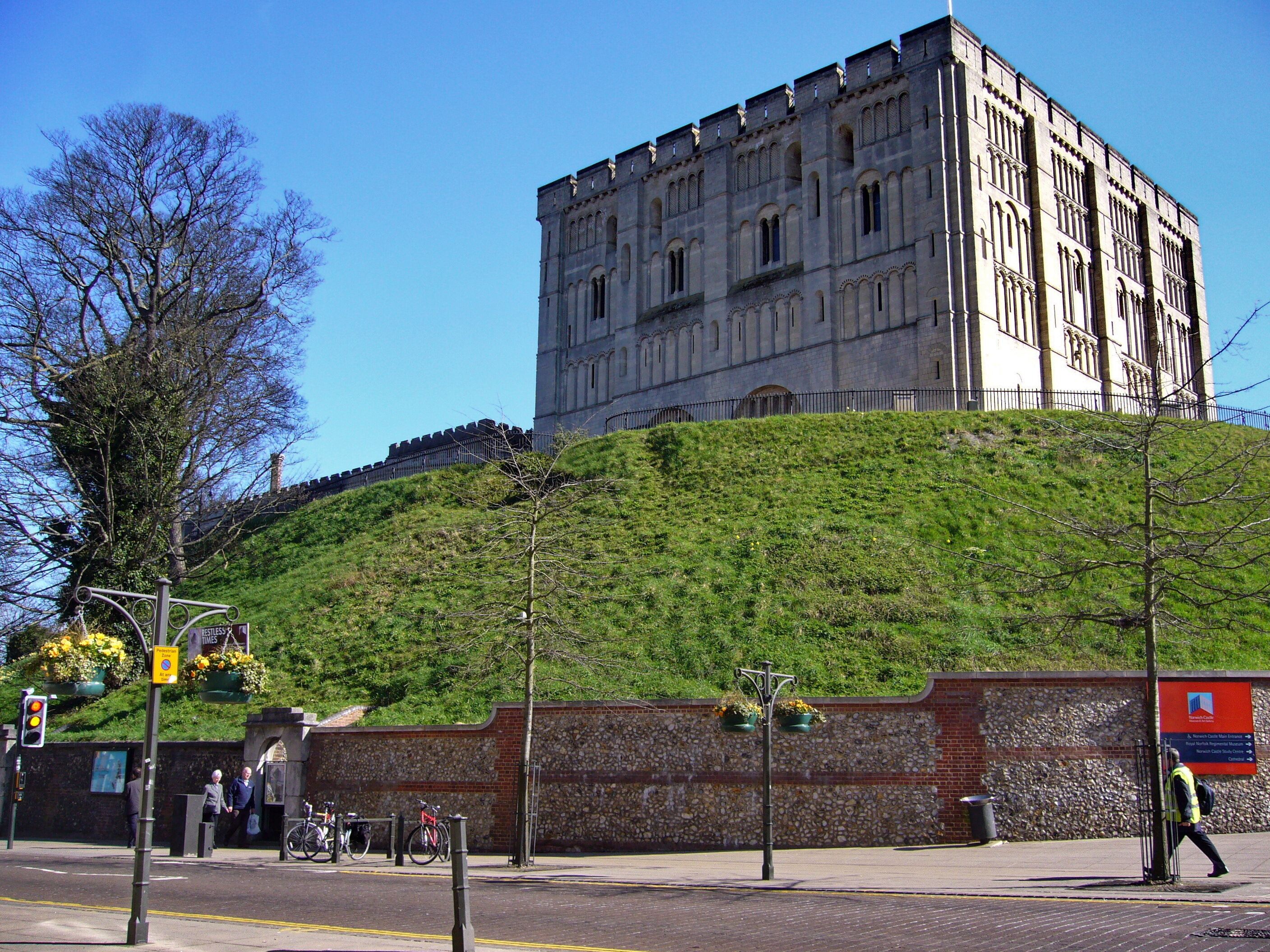 A historic building with a large tower, a grassy hill, and a street with pedestrians and bicycles.