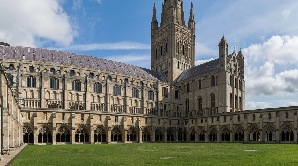 The view of Norwich Cathedral from the cloisters, in Norfolk, England.