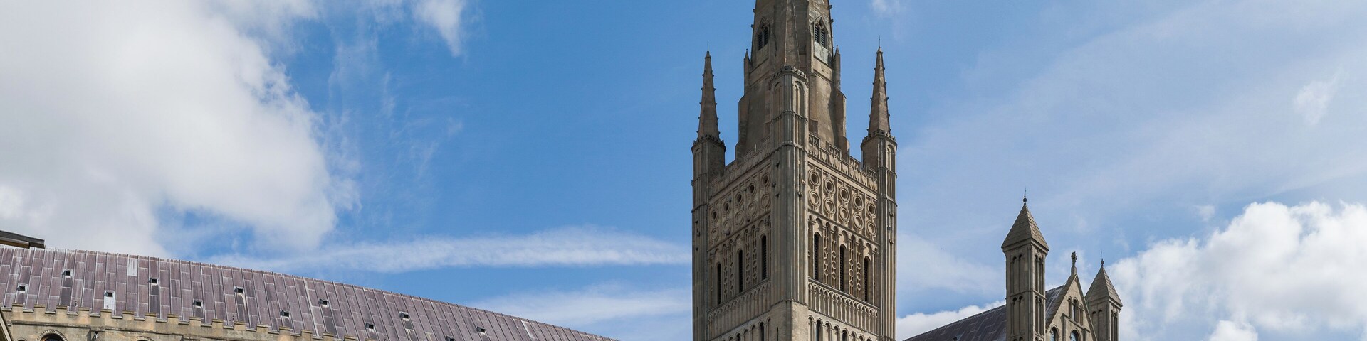 The view of Norwich Cathedral from the cloisters, in Norfolk, England.