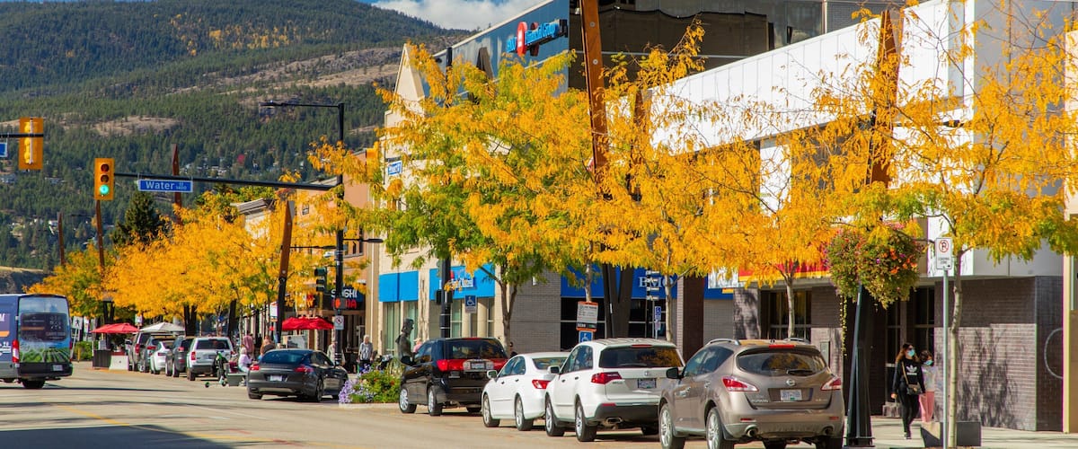 Downtown Kelowna showing a small town or village