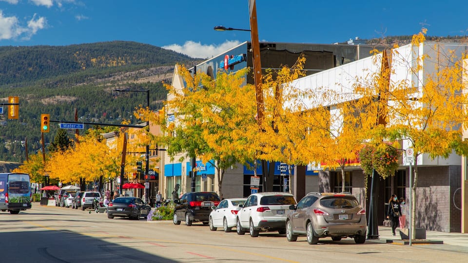 Downtown Kelowna showing a small town or village