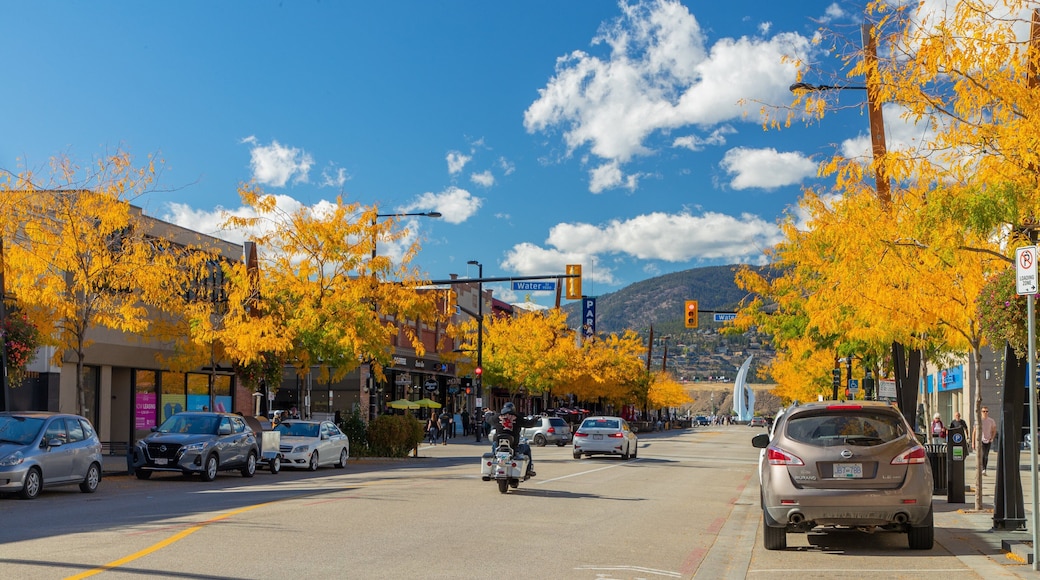 Downtown Kelowna showing a small town or village
