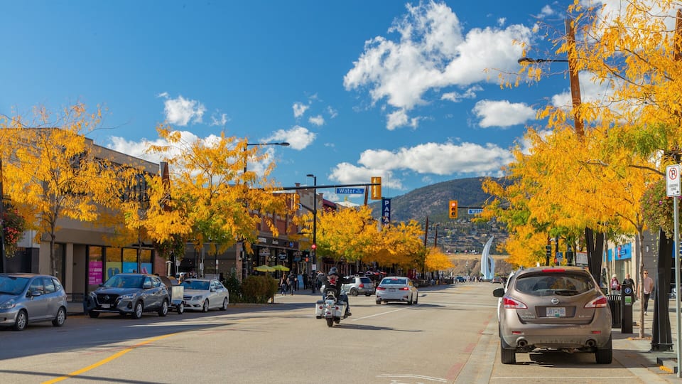 Downtown Kelowna showing a small town or village