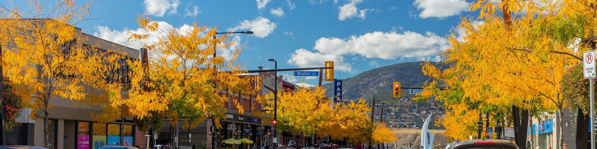 Downtown Kelowna showing a small town or village
