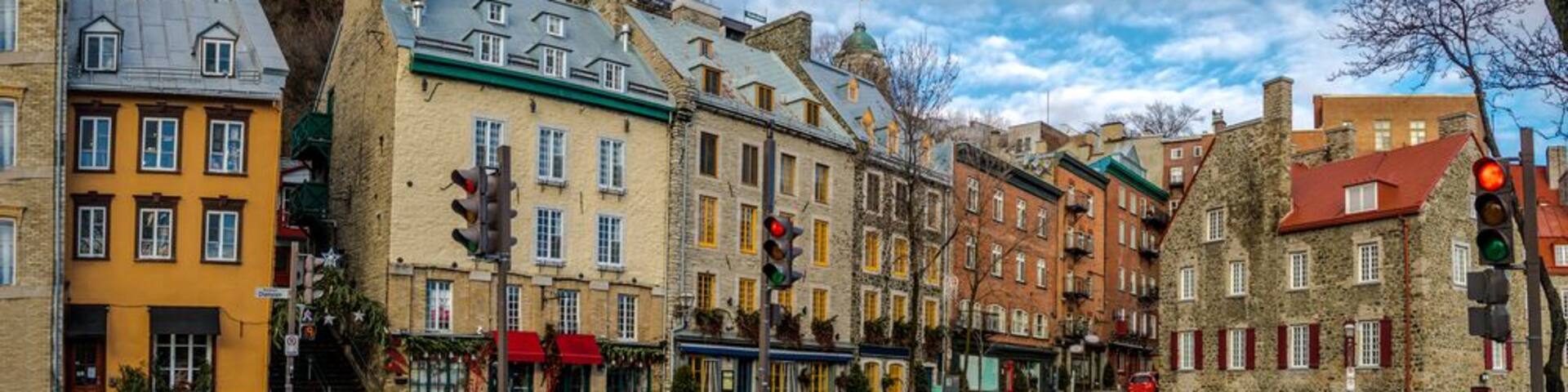 A street with historic buildings, a traffic light, and a tree.