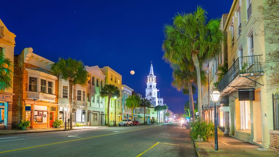 A nighttime street with historic buildings, palm trees, and a church steeple under a starry sky.