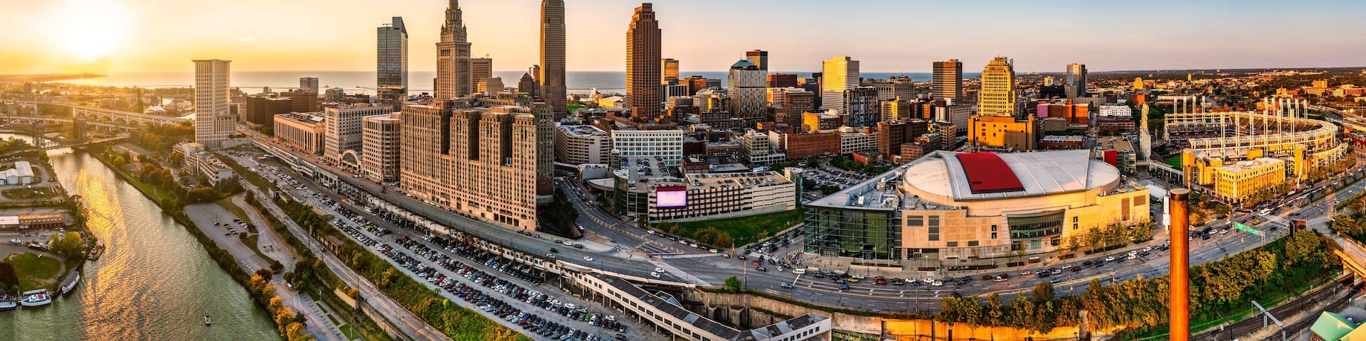 Panoramic view of Cleveland, Ohio skyline at sunset. Cleveland is a major city in the U.S. state of Ohio and the county seat of Cuyahoga County.