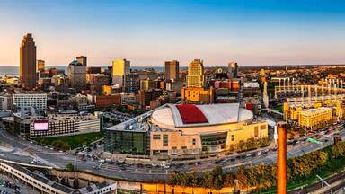 Panoramic view of Cleveland, Ohio skyline at sunset. Cleveland is a major city in the U.S. state of Ohio and the county seat of Cuyahoga County.