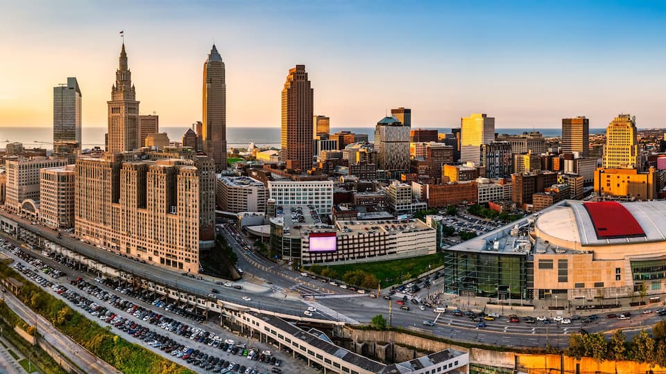 Panoramic view of Cleveland, Ohio skyline at sunset. Cleveland is a major city in the U.S. state of Ohio and the county seat of Cuyahoga County.