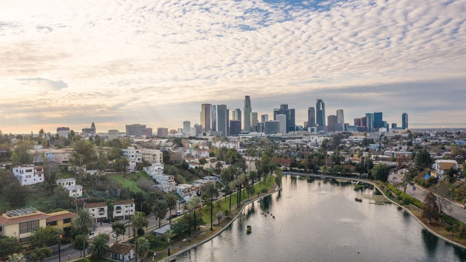 Panoramic view of Silver Lake and Downtown Los Angeles on a beautiful morning