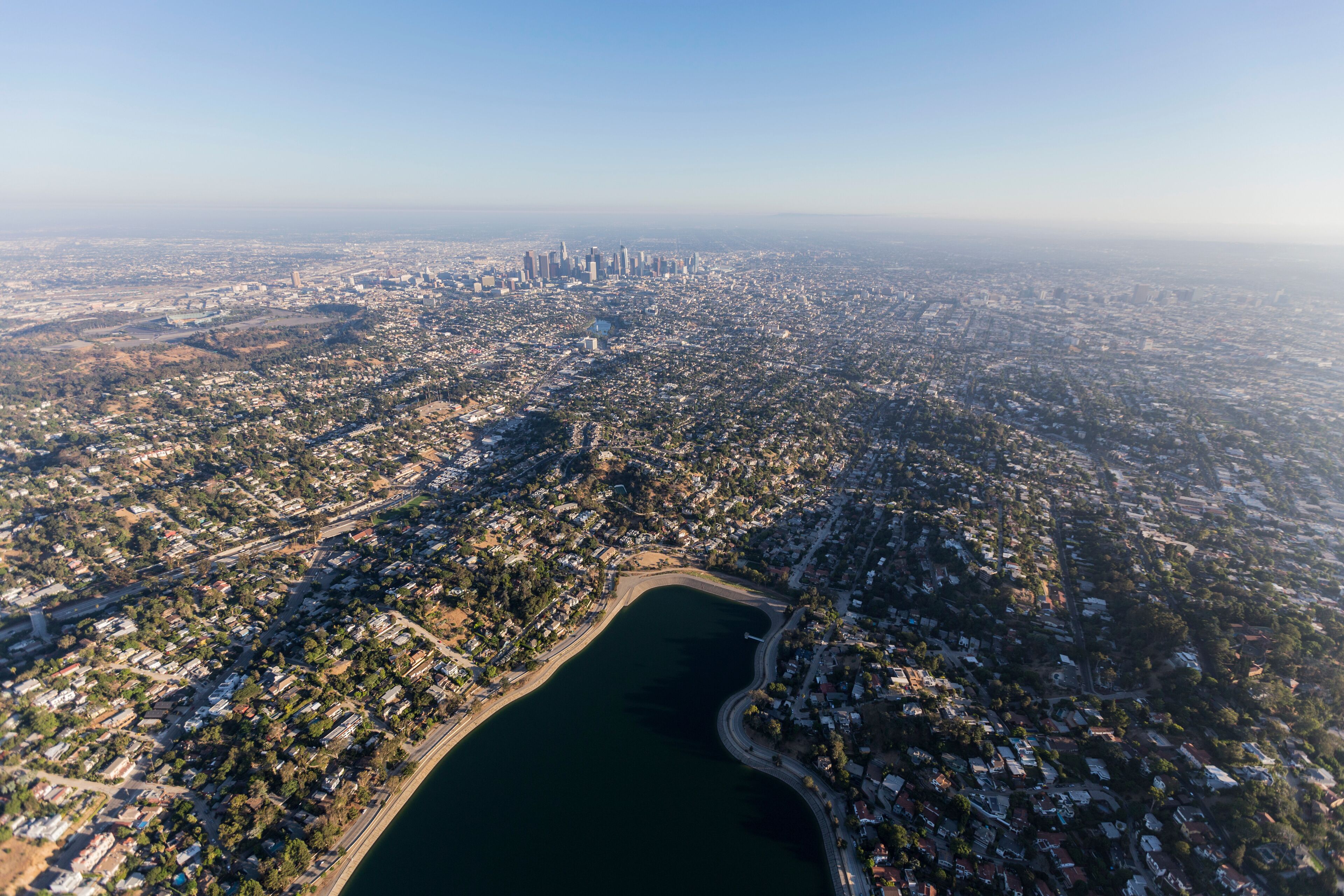 Aerial view of Silver Lake, Echo Park and downtown Los Angeles in Southern California.  