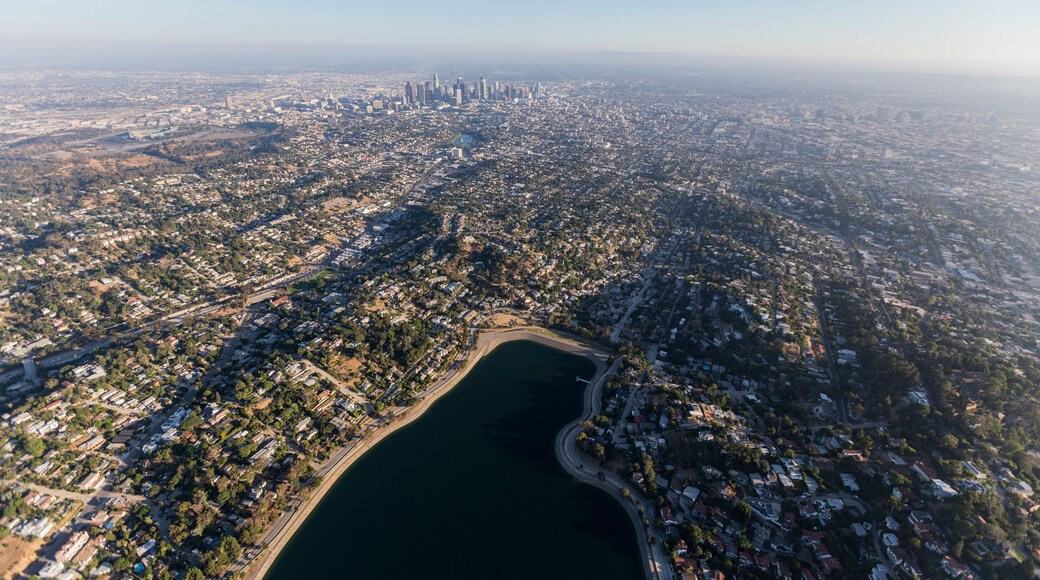 Aerial view of Silver Lake, Echo Park and downtown Los Angeles in Southern California.