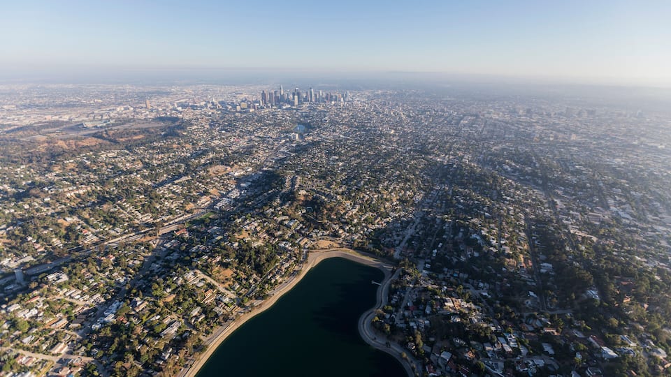 Aerial view of Silver Lake, Echo Park and downtown Los Angeles in Southern California.