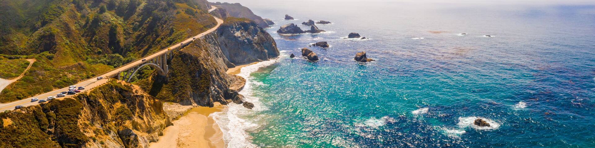 Arial view of the California Bixby bridge in Big Sur in the Monterey County along side State Route 1 US, the ocean road.